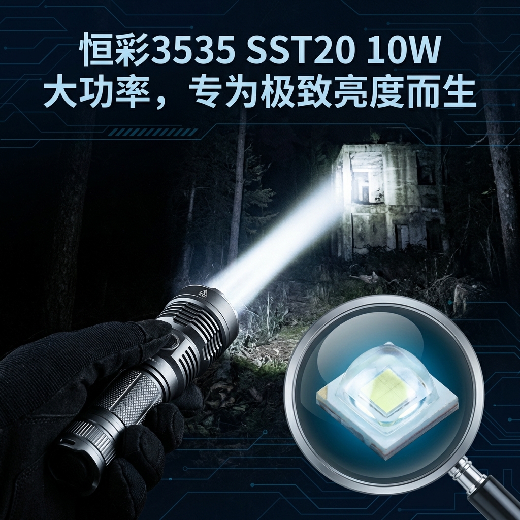 高端战术强光手电筒在夜幕下射出极具穿透力的光柱，侧方微距展示恒彩3535朗明纳斯SST20 LED灯珠，标注：恒彩3535 SST20 10W 大功率，专为极致亮度而生 (Hengcai 3535 SST20 10W High Power, Born for Extreme Brightness).