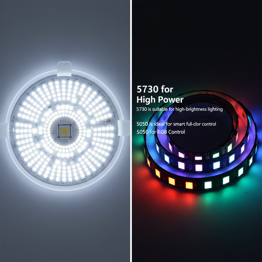 5730与5050 LED芯片应用场景对比图：左侧展示5730用于高亮度吸顶灯照明，右侧展示5050用于多功能RGB变色灯带。