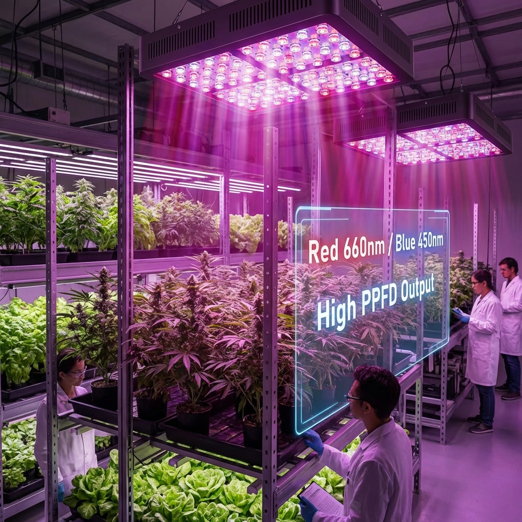 室内垂直农场中，10瓦陶瓷L2 T6灯珠组成的植物生长灯发出紫红色复合光，强力穿透作物冠层，促进植物生长，并标注红蓝光波长与高PPFD输出。