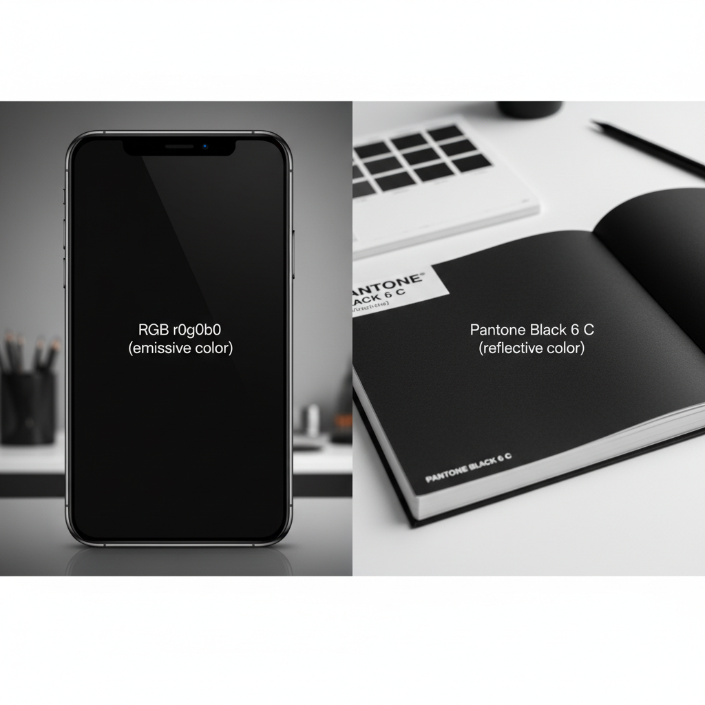 RGB纯黑屏幕与潘通色卡黑的对比，展示了发光色与反射色的物理差异，手机屏幕为r0g0b0，潘通色卡为Pantone Black 6 C
