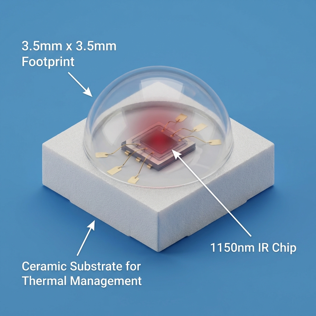 3535陶瓷1150红外LED特写，展示其3.5mm尺寸、陶瓷基板和1150nm红外芯片，强调高科技精密制造感。