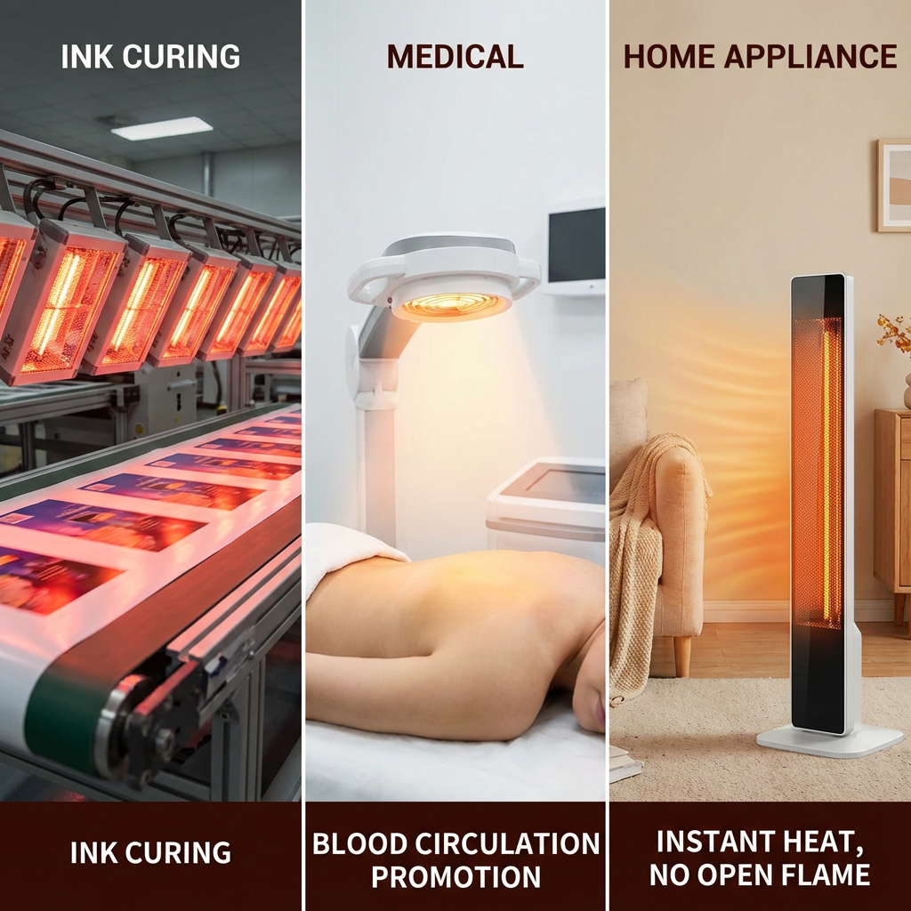 合成图展示红外陶瓷LED在工业油墨固化、医疗远红外理疗和家电取暖器中的应用。