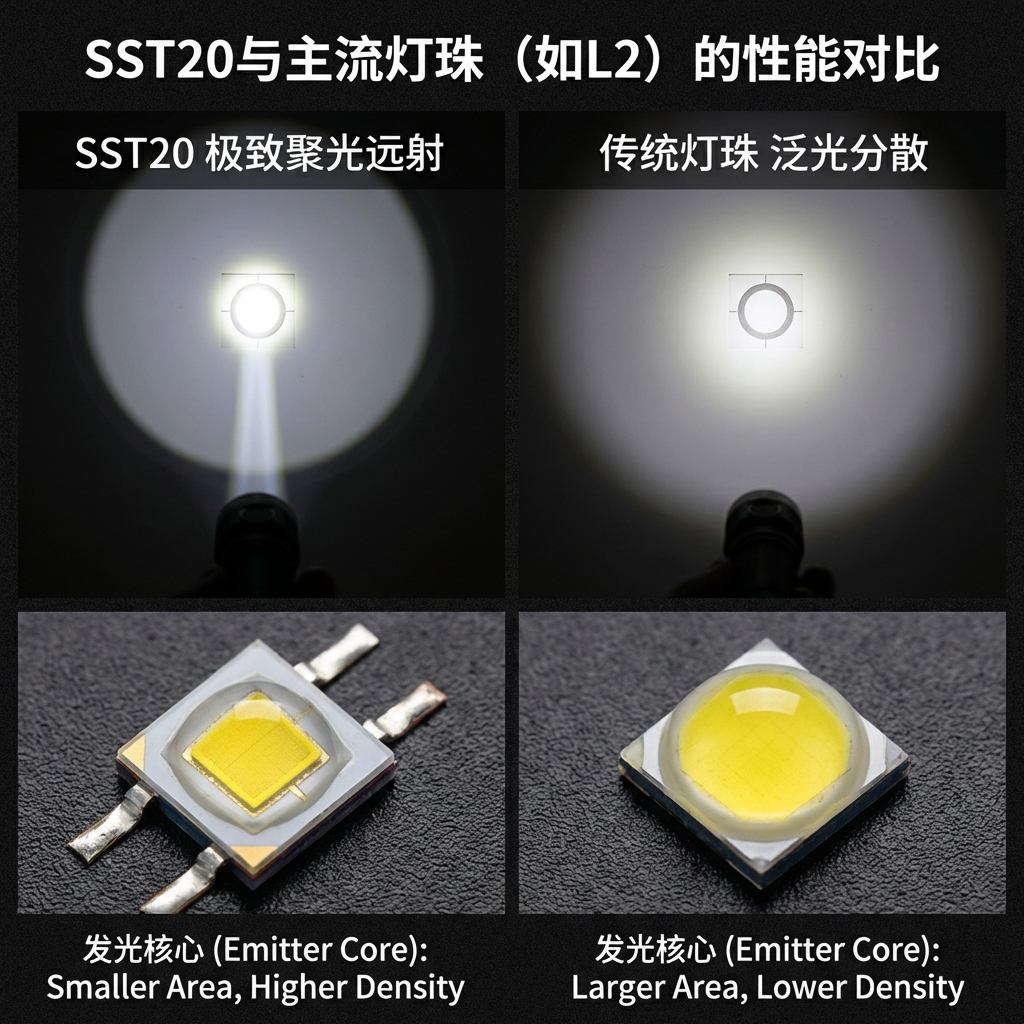 SST20与传统L2灯珠光斑对比图：左侧SST20光斑小而聚光，远射能力强；右侧L2光斑大而分散，远射能力弱，下方是两种灯珠发光核心的微距图，标注：SST20 极致聚光远射 vs 传统灯珠 泛光分散 (SST20 Extreme Focus vs Traditional LED Floodlight).