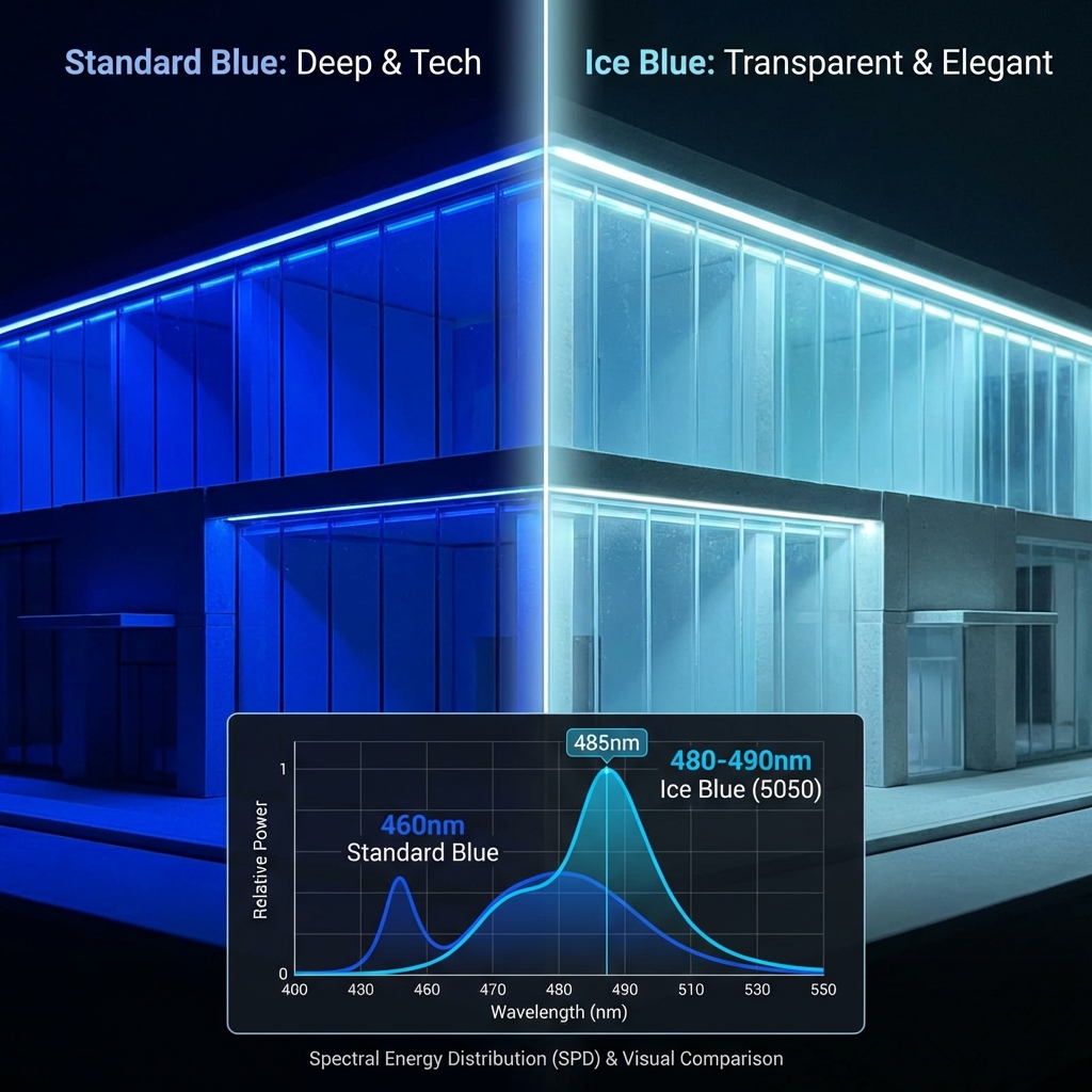 一个建筑外墙模型被标准蓝光（左）和冰蓝光（右）照亮，对比展示两种光色的视觉差异。标准蓝光深邃压抑，冰蓝光清透梦幻，下方叠加光谱图，突出冰蓝光在480-490nm波段的峰值。