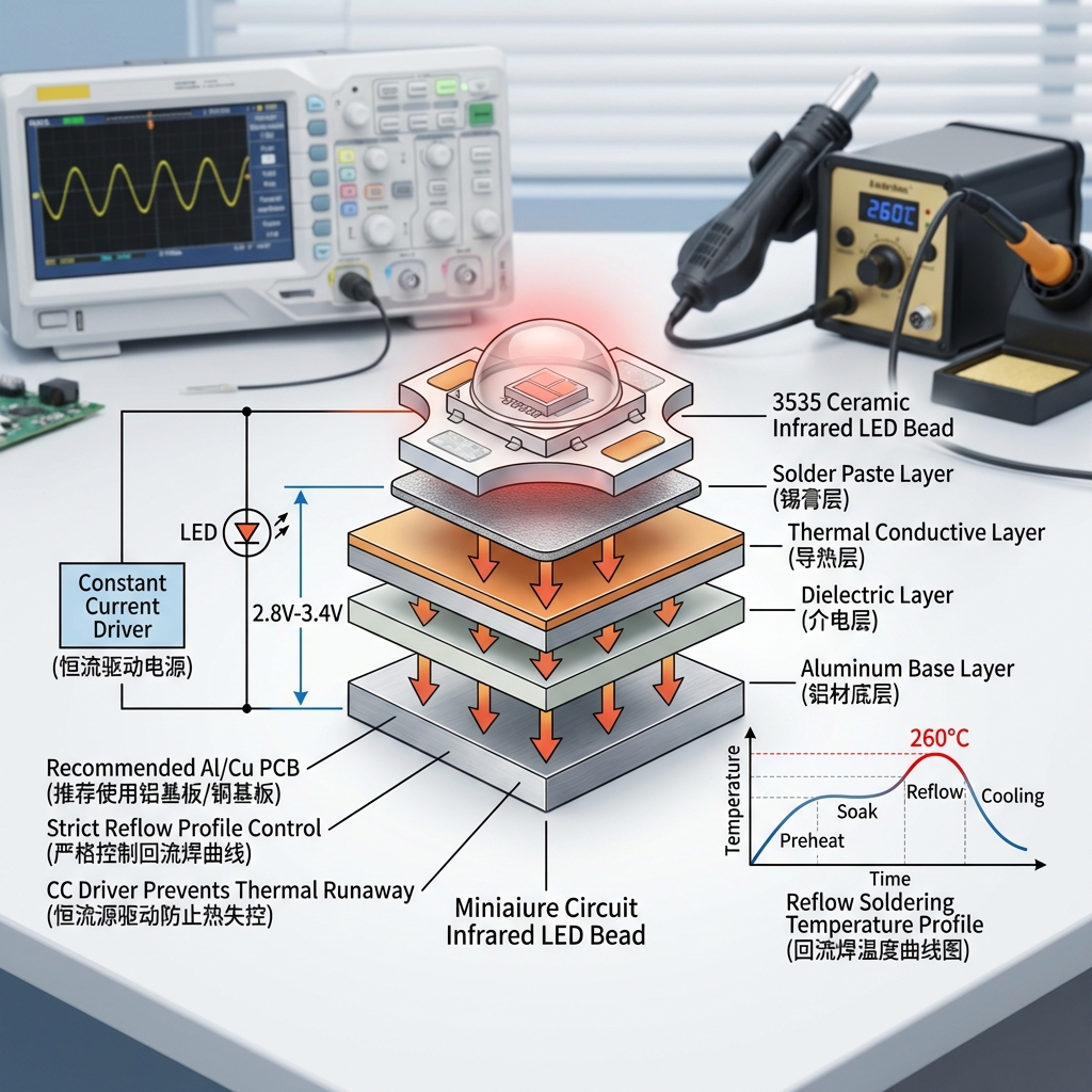 工程技术图，以爆炸视图展示3535陶瓷红外灯珠在铝基板上的安装细节，包含锡膏层、铝基板结构及恒流驱动电源连接，并展示回流焊温度曲线图，强调推荐使用铝/铜基板和严格的焊接曲线控制。