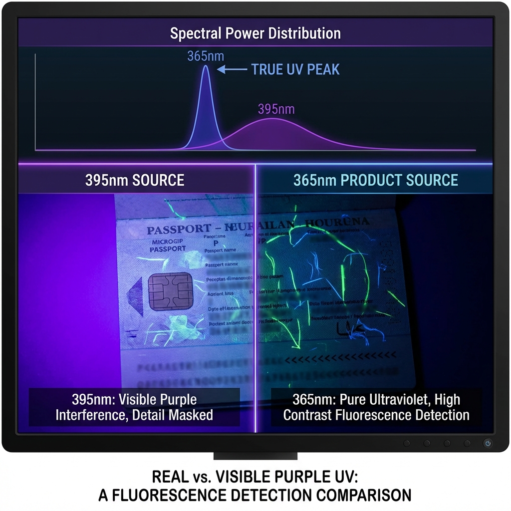 一张关于365nm真紫光与395nm蓝紫光在荧光检测应用中的实测效果对比图。画面中心是一个带有防伪标记的精密电子元件或护照。左侧使用395nm光源照射，画面充斥着浓重的紫色可见光背景，遮盖了部分细节，标注‘395nm：可见紫光干扰大’；右侧使用本产品365nm光源照射，背景幽暗深邃，防伪荧光标志呈现出极其明亮且清晰的对比色，无任何杂光干扰，标注‘365nm：纯净紫外，荧光对比度极高’。画面上方展示光谱曲线图，365nm处有一个窄而高的波峰。这张图直观解释了为什么365nm是“真紫光”。