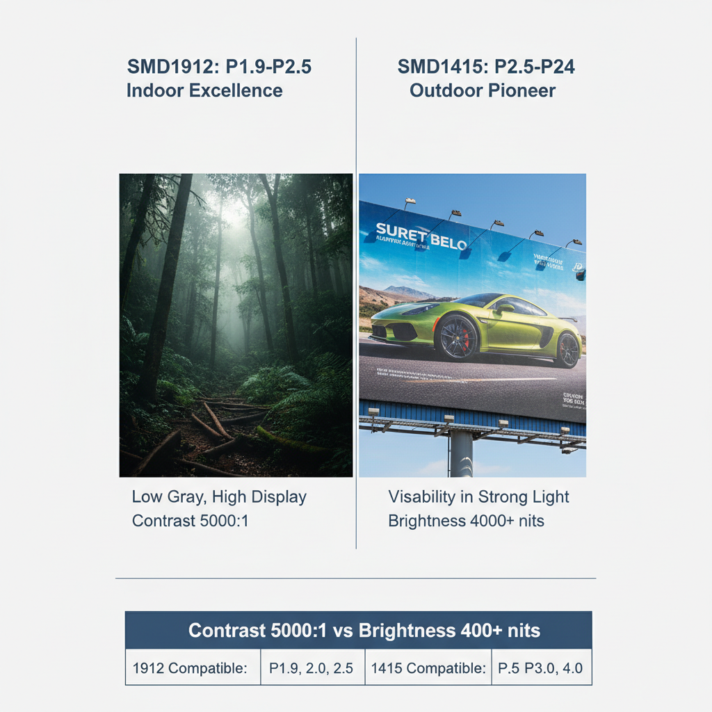 SMD1912与SMD1415工程选型逻辑对比图，展示1912在P1.9下的高对比度表现与1415在P2.5户外环境下的强光可视性。