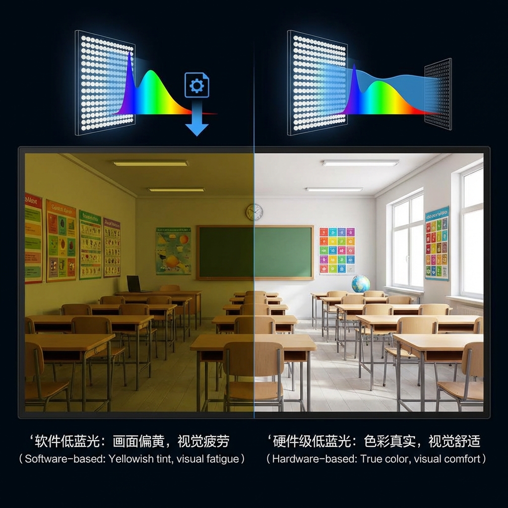教育照明项目中的软件低蓝光与硬件级低蓝光对比示意图：左侧为偏黄的软件低蓝光模式，右侧为色彩真实的硬件级低蓝光模式