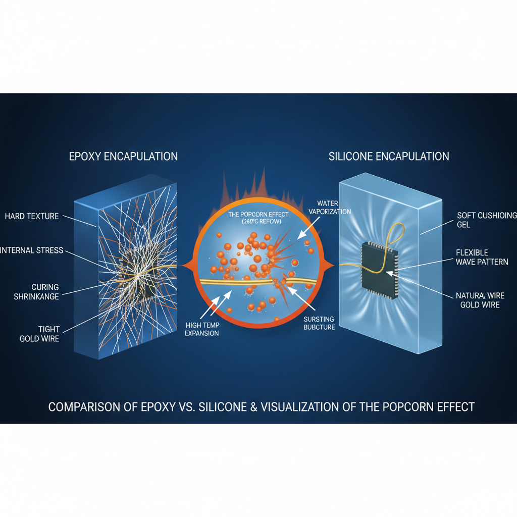 环氧树脂与硅胶封装对比及爆米花效应导致焊线断裂示意图