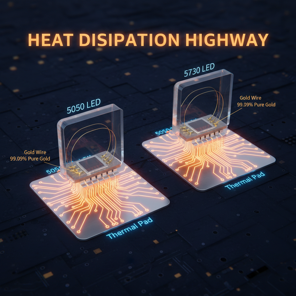 5050与5730 LED芯片内部结构3D剖析图，展示巨大的金属散热焊盘和纯金线，以及热量扩散的视觉模拟，强调其优异的散热能力。