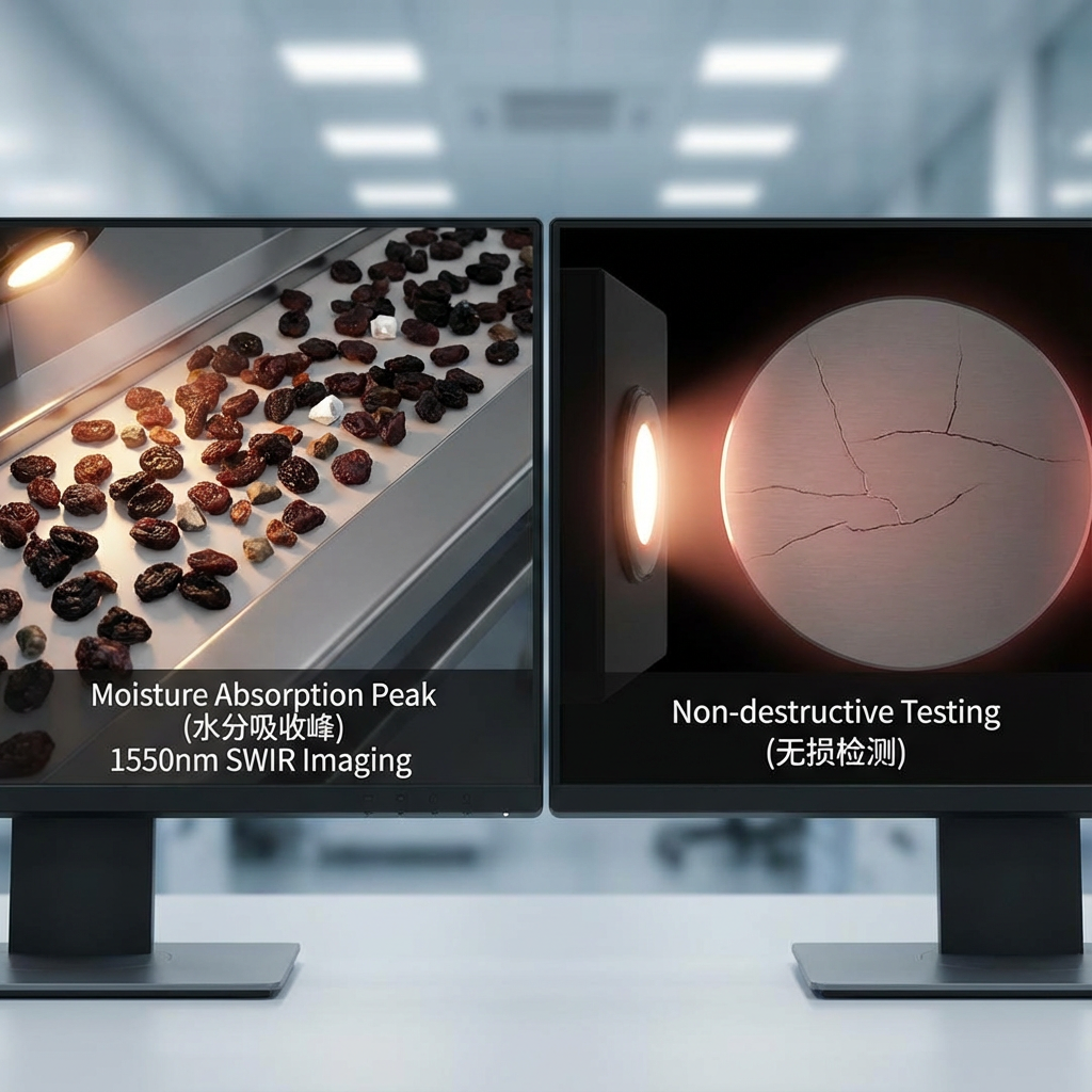 1550nm短波红外(SWIR)成像原理示意图,展示其在食品分选中的水分吸收特性和在半导体检测中的穿透硅片能力,实现无损检测。