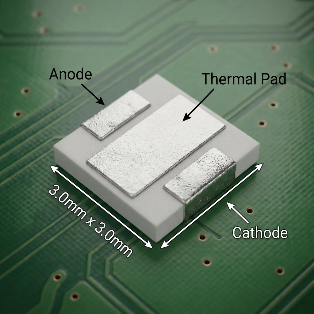 3030灯珠底部结构示意图，展示正负电极与中央散热焊盘