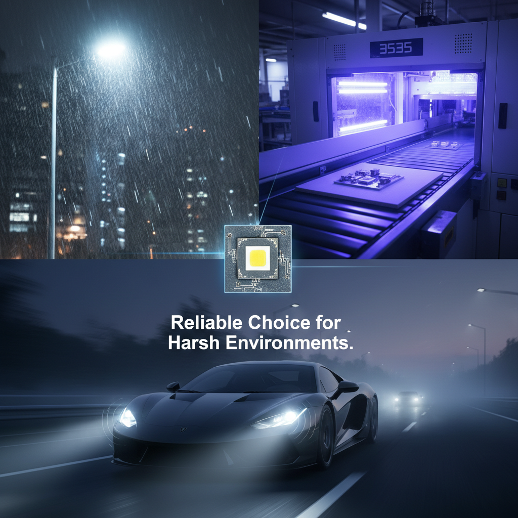 典型应用场景矩阵:雨夜中明亮的LED路灯、工厂内蓝光UV固化设备、高速行驶汽车的LED大灯,中心是3535氮化铝灯珠特写,总结为‘严苛环境下的可靠之选’