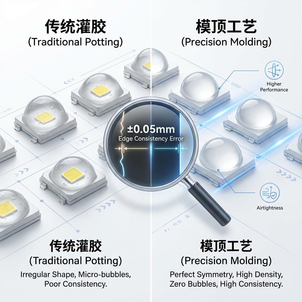 左右对比图，左侧为传统灌胶LED，透镜形状不规则且有气泡；右侧为5050模顶LED，透镜轮廓精密对称无气泡，并标注了±0.05mm的一致性误差，突出模顶工艺在光学一致性和气密性上的优势。