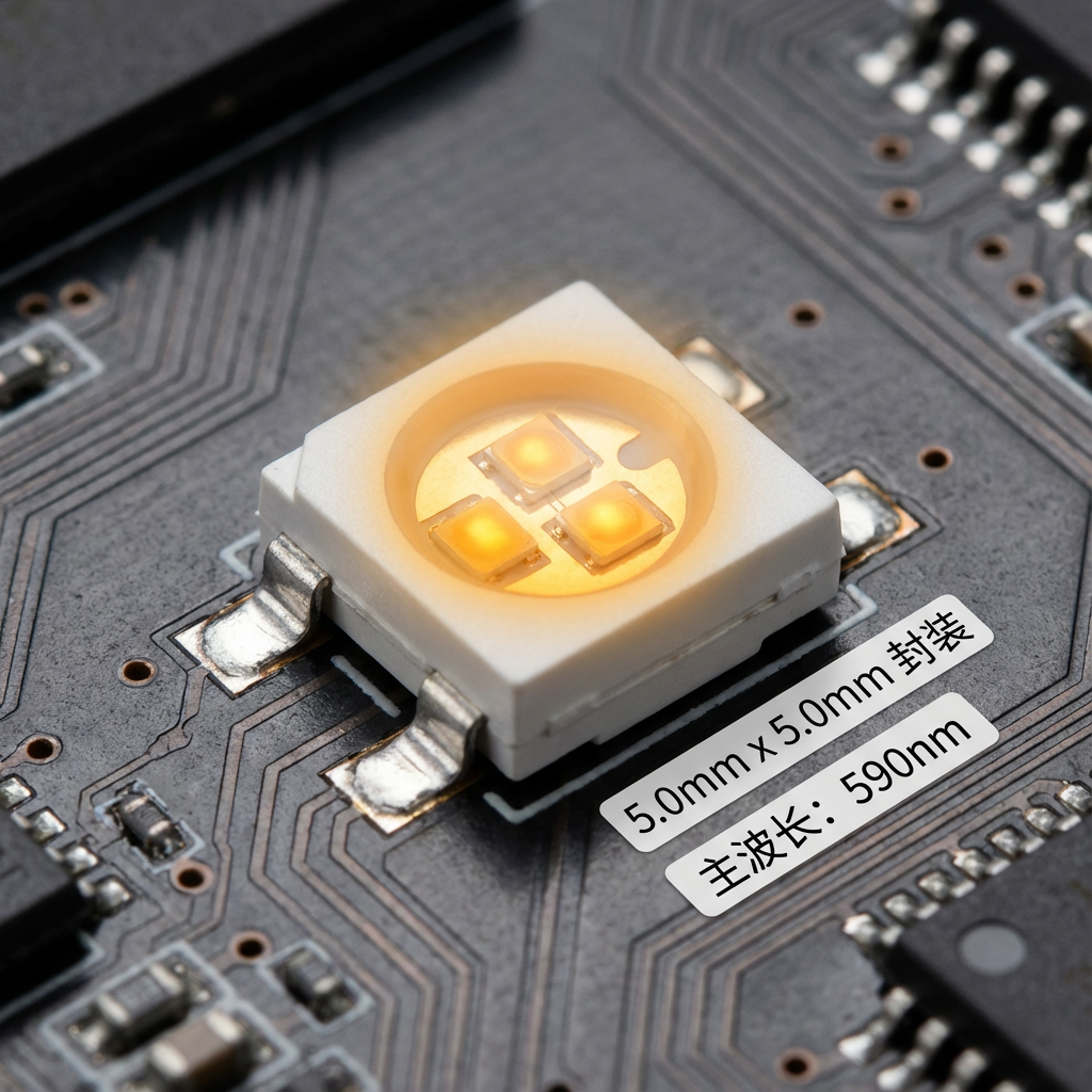 琥珀色5050灯珠特写，展示5.0mm x 5.0mm封装、3芯片设计及590nm主波长