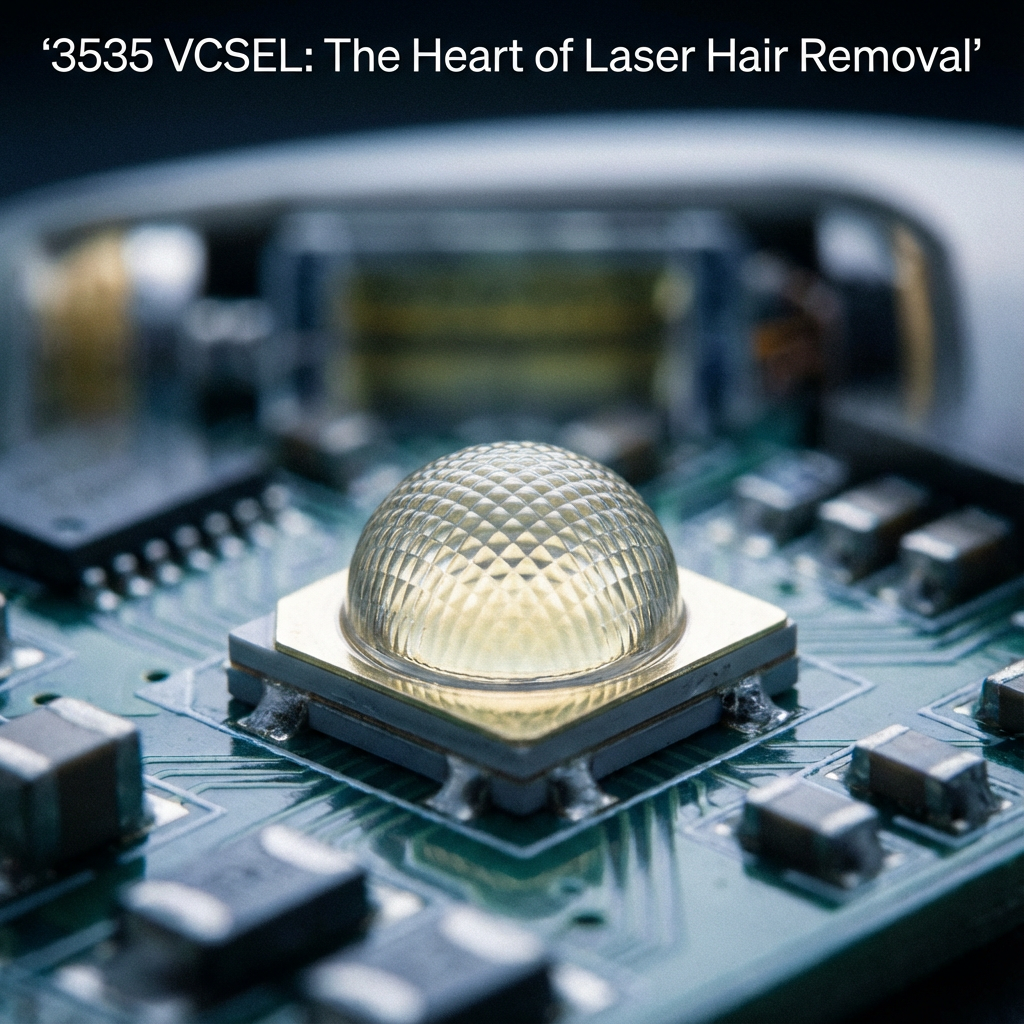 3535 VCSEL:激光脱毛的核心,展示3535 VCSEL灯珠在精密电路板上的宏观特写,背景模糊的激光美容手柄暗示其核心地位。