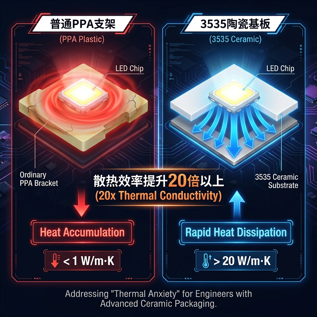 陶瓷基板与PPA支架散热性能对比图，强调陶瓷导热效率提升20倍以上。
