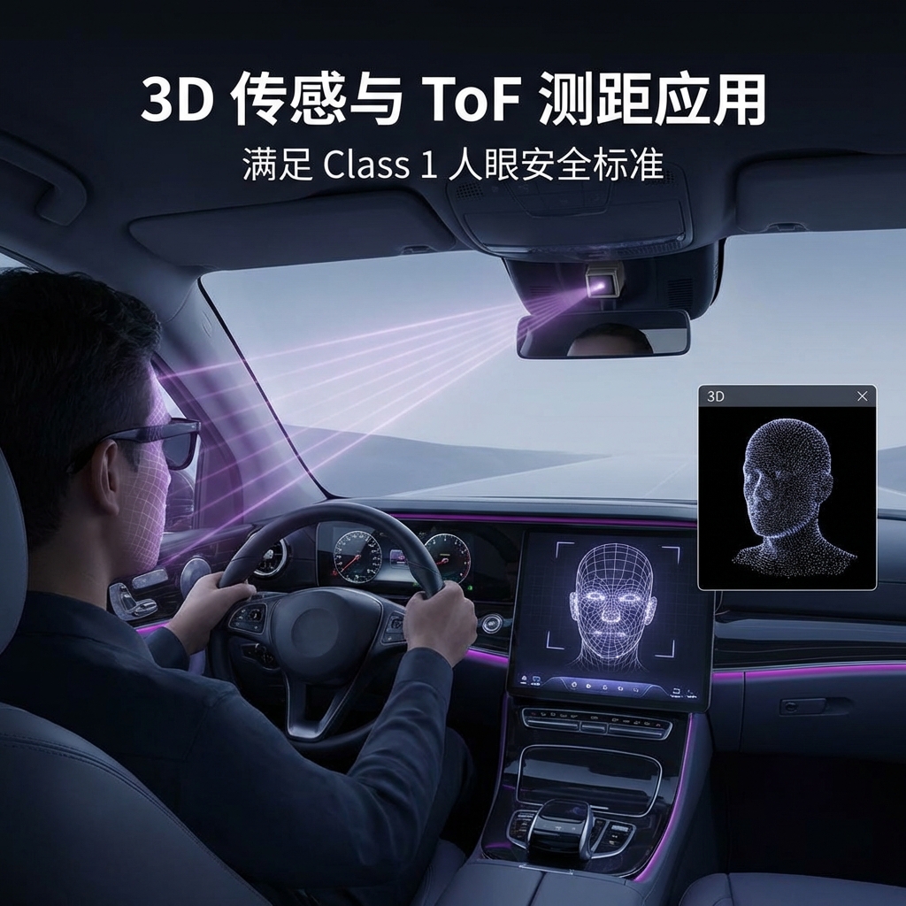 车载DMS系统使用VCSEL传感器透过墨镜监测驾驶员面部特征的场景图，强调VCSEL在3D传感和ToF测距应用中的优越性及符合Class 1人眼安全标准
