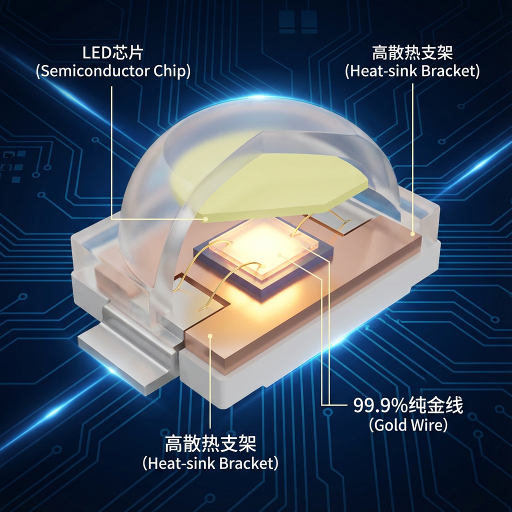 LED贴片内部微观结构3D剖面渲染图,展示芯片、金线、支架和荧光粉等核心组件,体现高品质贴片的工艺细节。