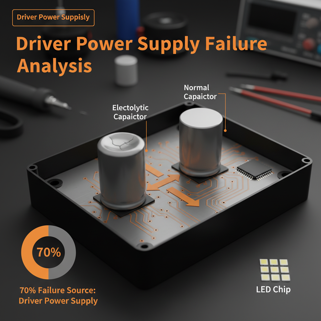 LED驱动电源剖析图，展示电解电容老化及其对LED灯频闪的影响，并标注70%故障源于此