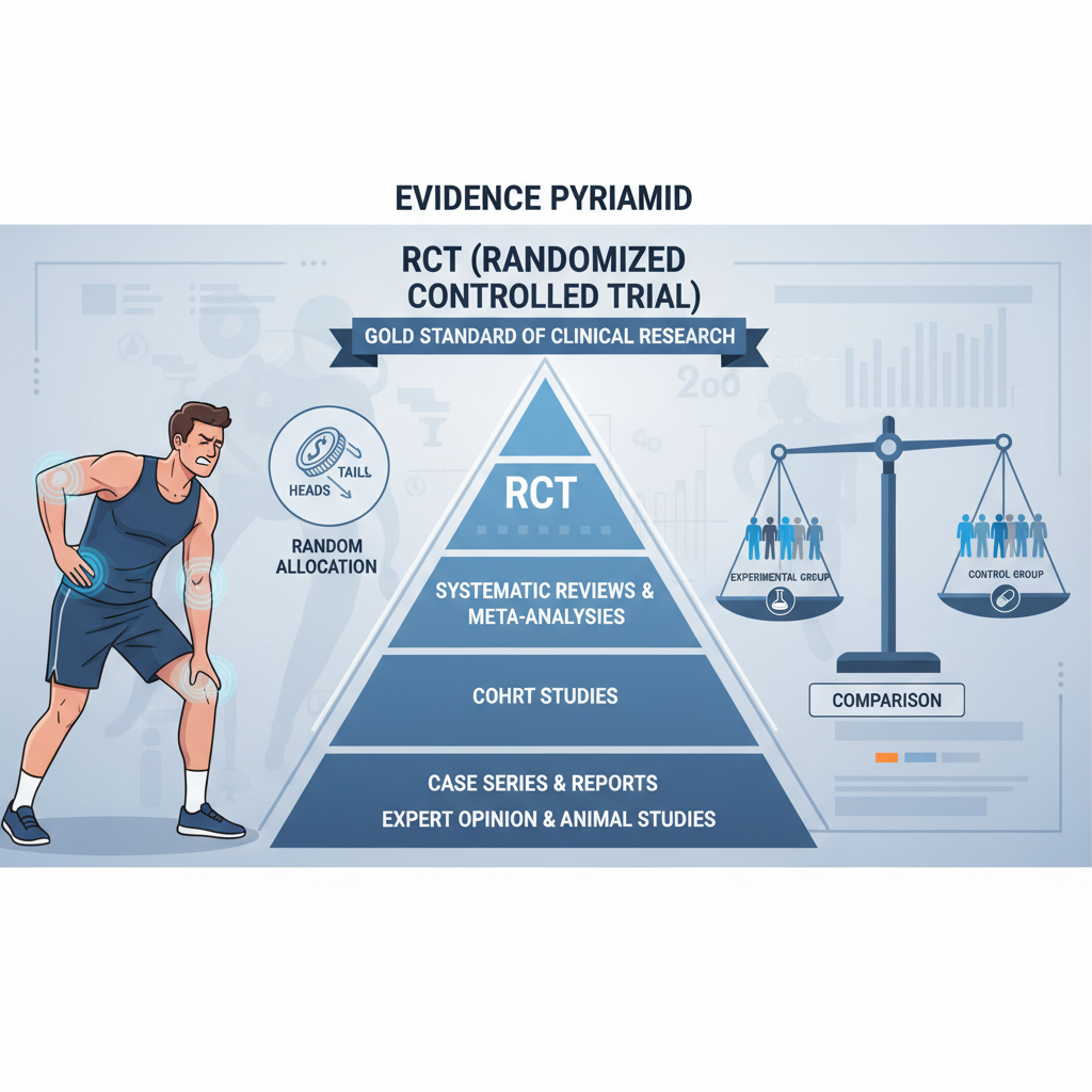 循证医学金字塔顶端的随机对照试验（RCT），展示其作为临床研究“黄金标准”的地位，强调随机分配和对照组的平衡。