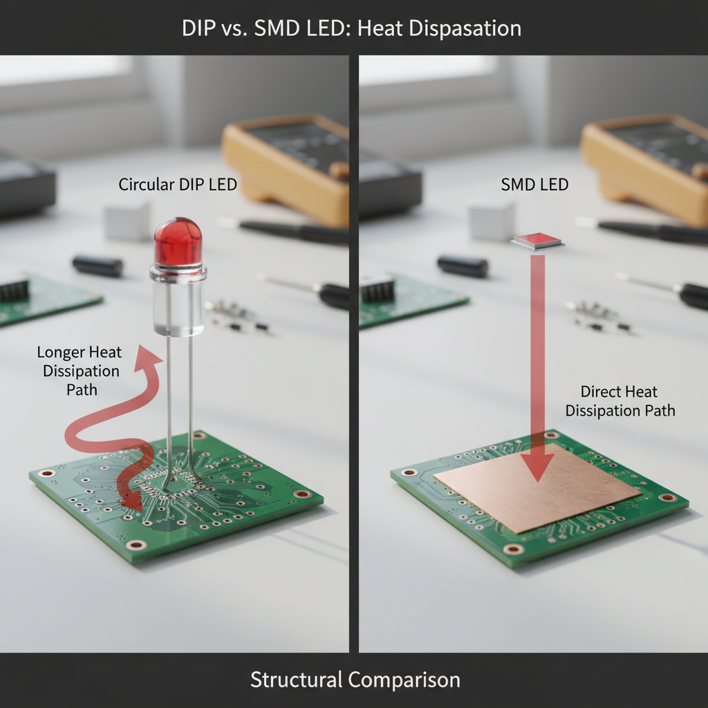 圆形直插式DIP LED与SMD贴片LED的结构对比图，重点展示了散热路径的差异。