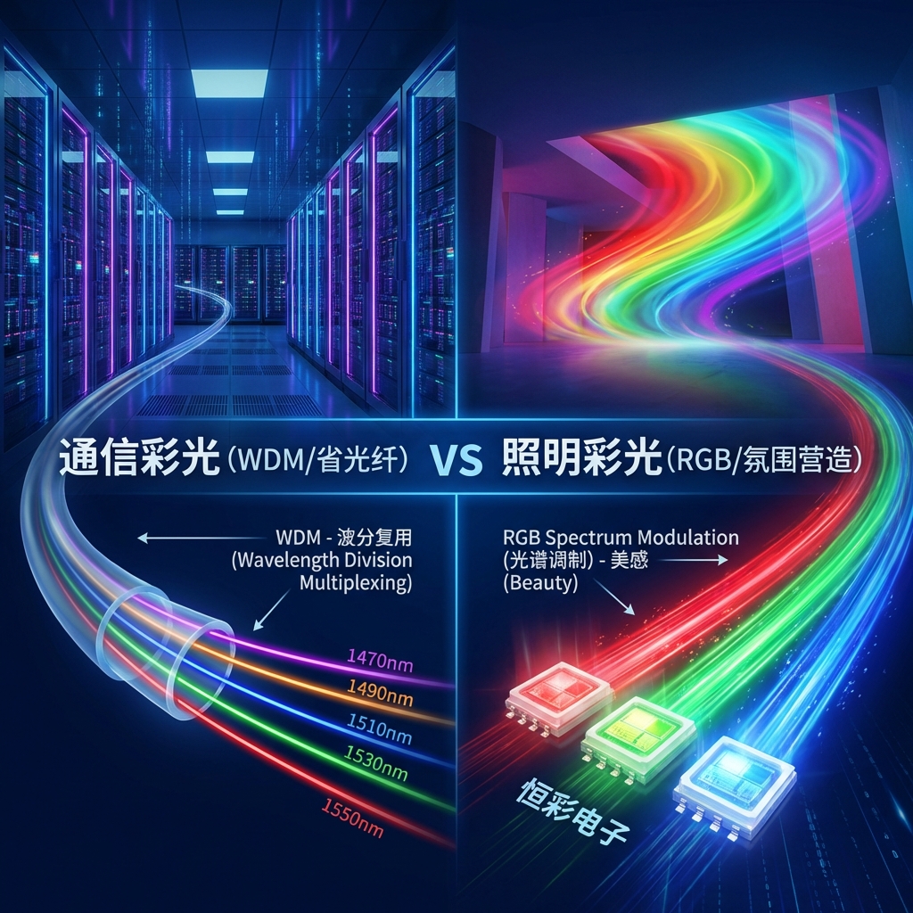 通信彩光与照明彩光工作模式对比：左侧为通信彩光，展示波分复用（WDM）技术，多束不同波长激光在单根光纤中传输以节省光纤资源；右侧为照明彩光，展示RGB光谱调制，通过红绿蓝三基色混合实现色彩动态变化，用于氛围营造。