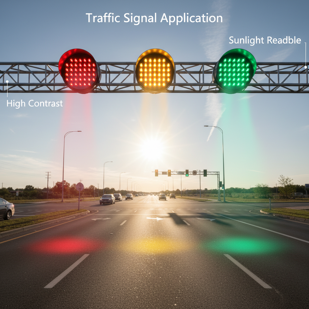 户外交通信号灯实景应用渲染图，展示采用45°直插LED的红绿灯在烈日下精准覆盖多车道驾驶员视线区域，确保高对比度和阳光下清晰可见。