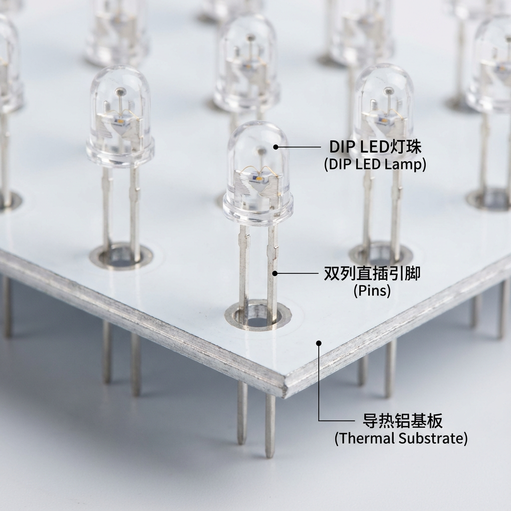 基板DIPLED结构特写，展示DIP LED灯珠、双列直插引脚和高性能导热铝基板