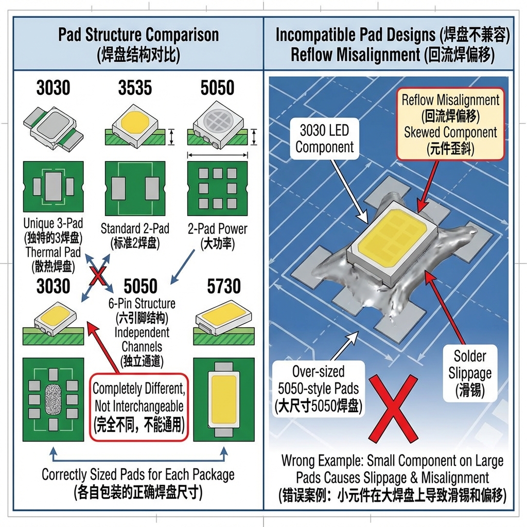 不同尺寸灯珠焊盘对比图，强调3030、3535、5050、5730焊盘不兼容性及错误贴装导致灯珠歪斜的示意