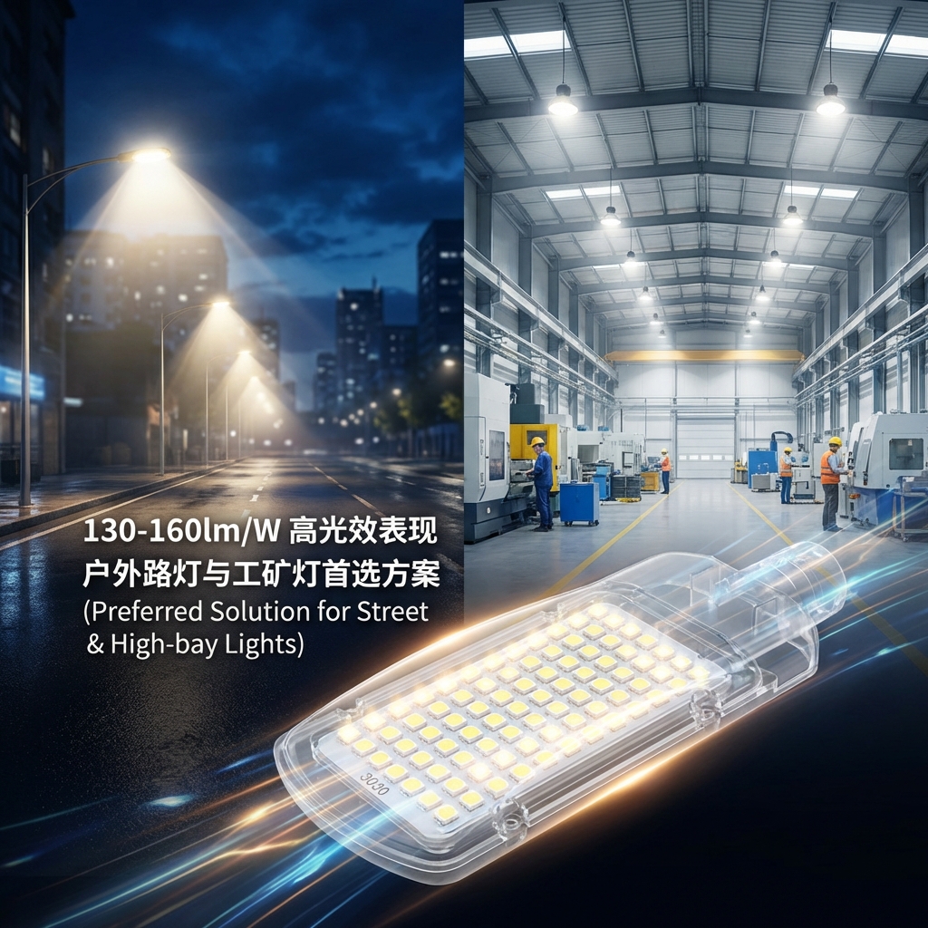 多场景融合的3030灯珠应用展示图，包括夜间城市路灯和高大工业厂房的工矿灯，突出了3030灯珠在户外与工业照明中的高光效和可靠性。