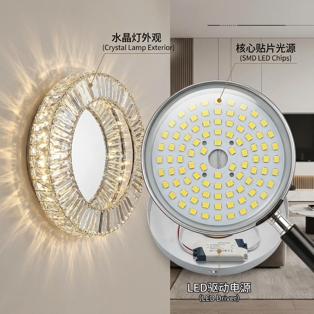 现代圆形水晶吊灯拆解透视图,展示内部核心LED贴片光源、灯板和驱动电源,强调贴片作为水晶灯“心脏”的地位。