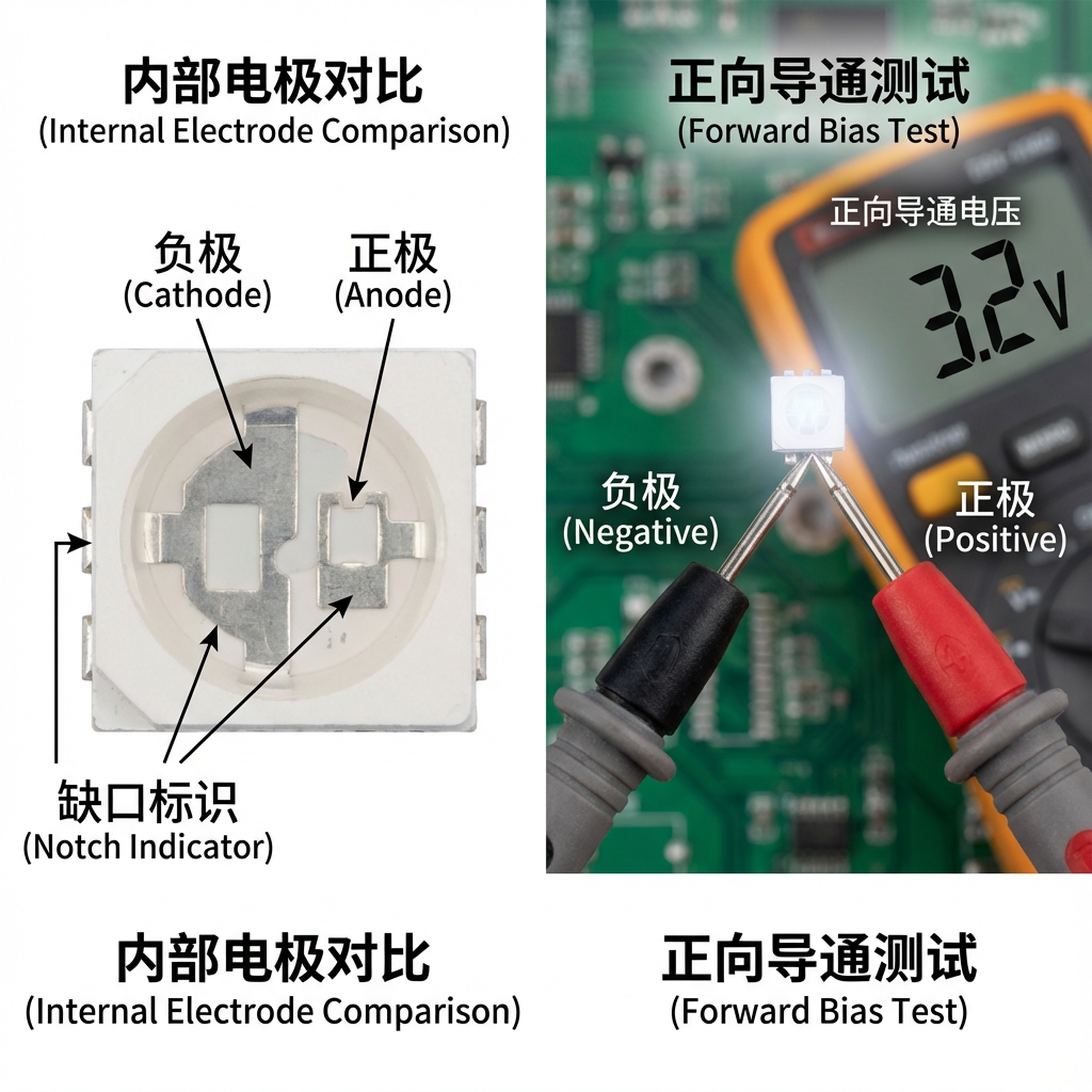 5050 LED的内部电极对比图（大负小正）与外部万用表测试图，万用表红黑表笔接触LED引脚使其发光，屏幕显示正向导通电压3.2V。