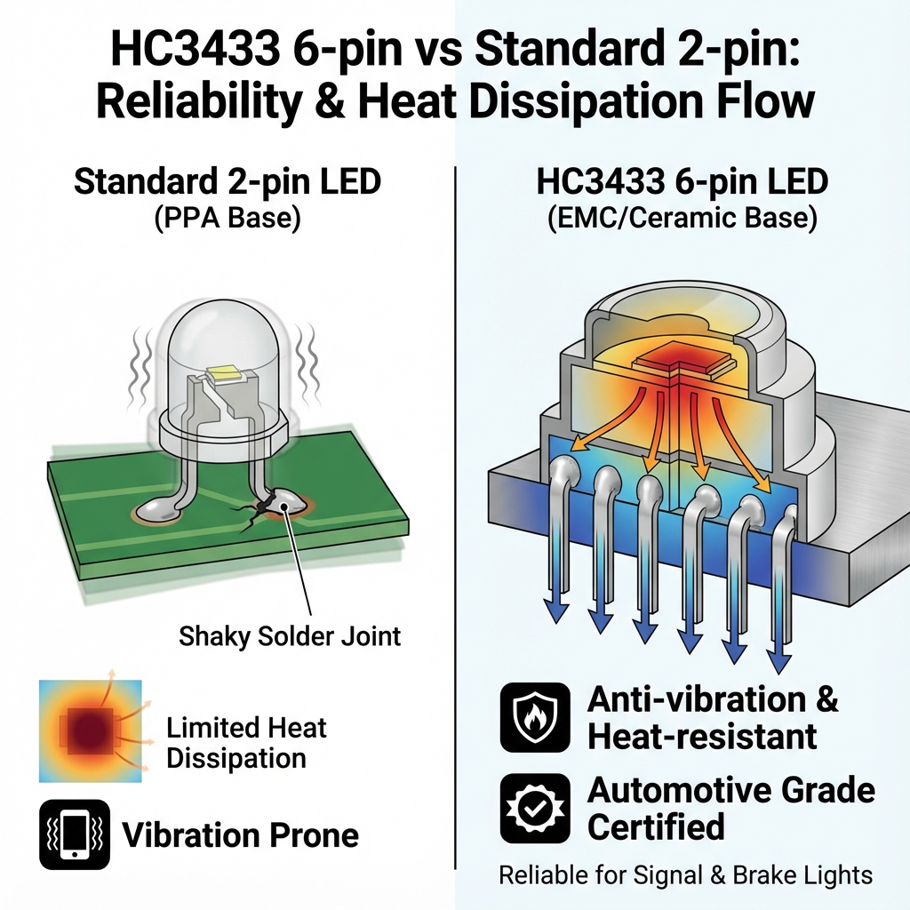 对比插图展示3433六脚封装的LED灯珠，强调其抗震和散热优势，并与普通2引脚灯珠进行对比。