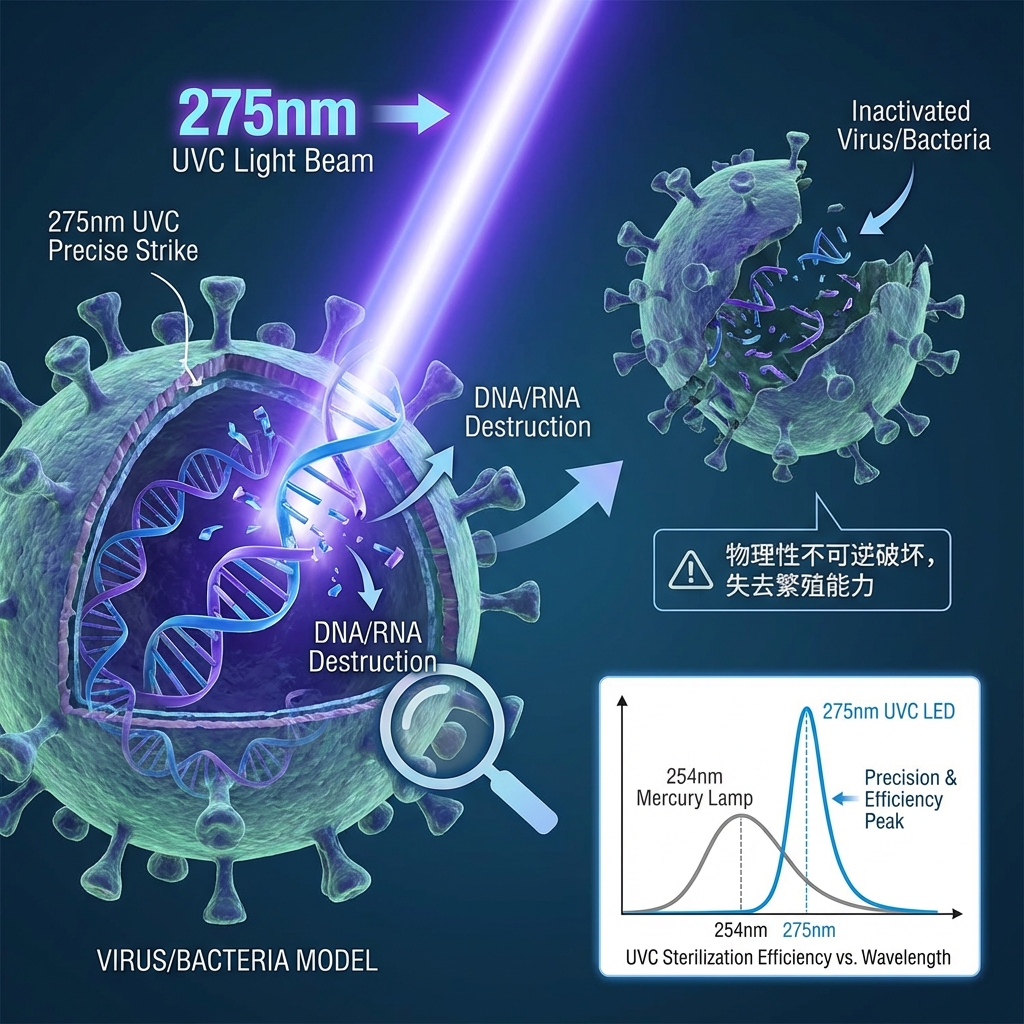 深紫外（UVC）LED杀菌原理图：275nm光束精准照射并破坏细菌病毒DNA/RNA结构，导致其失去活性。