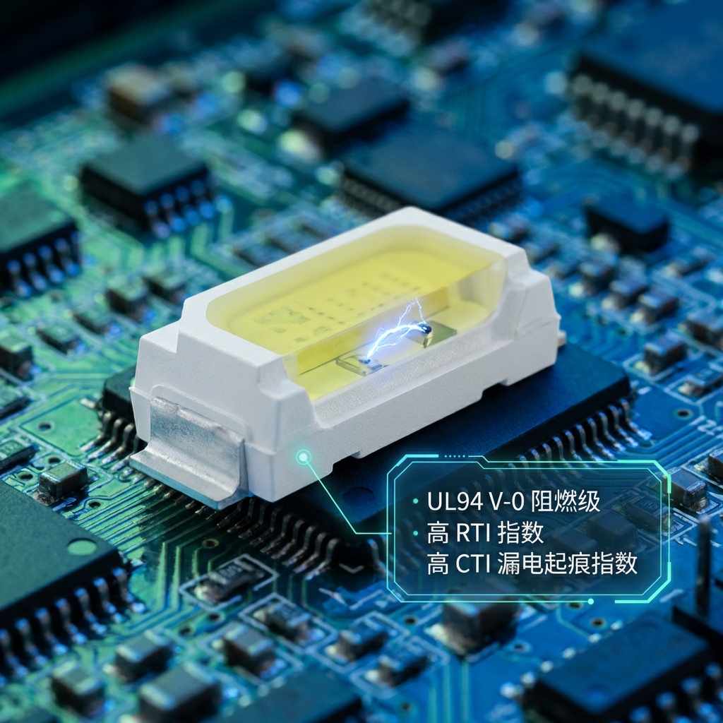 恒彩电子高功率SMD LED灯珠的内部结构剖视图，突出UL94 V-0级阻燃封装支架材料在模拟电弧短路下有效防止燃烧，并标注高RTI和CTI指数。