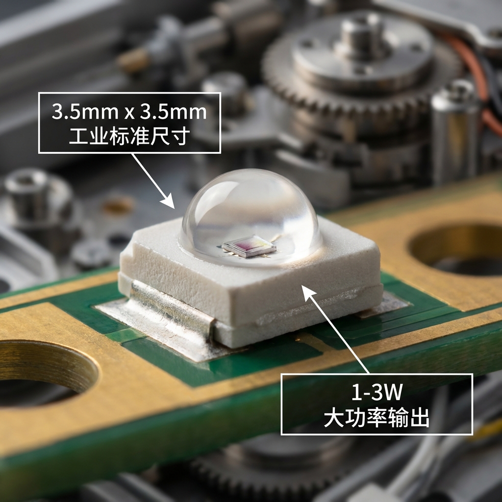 高清特写：3535红外线医美陶瓷灯珠，尺寸3.5x3.5mm，1-3W大功率输出，展示其精密封装和工业标准尺寸