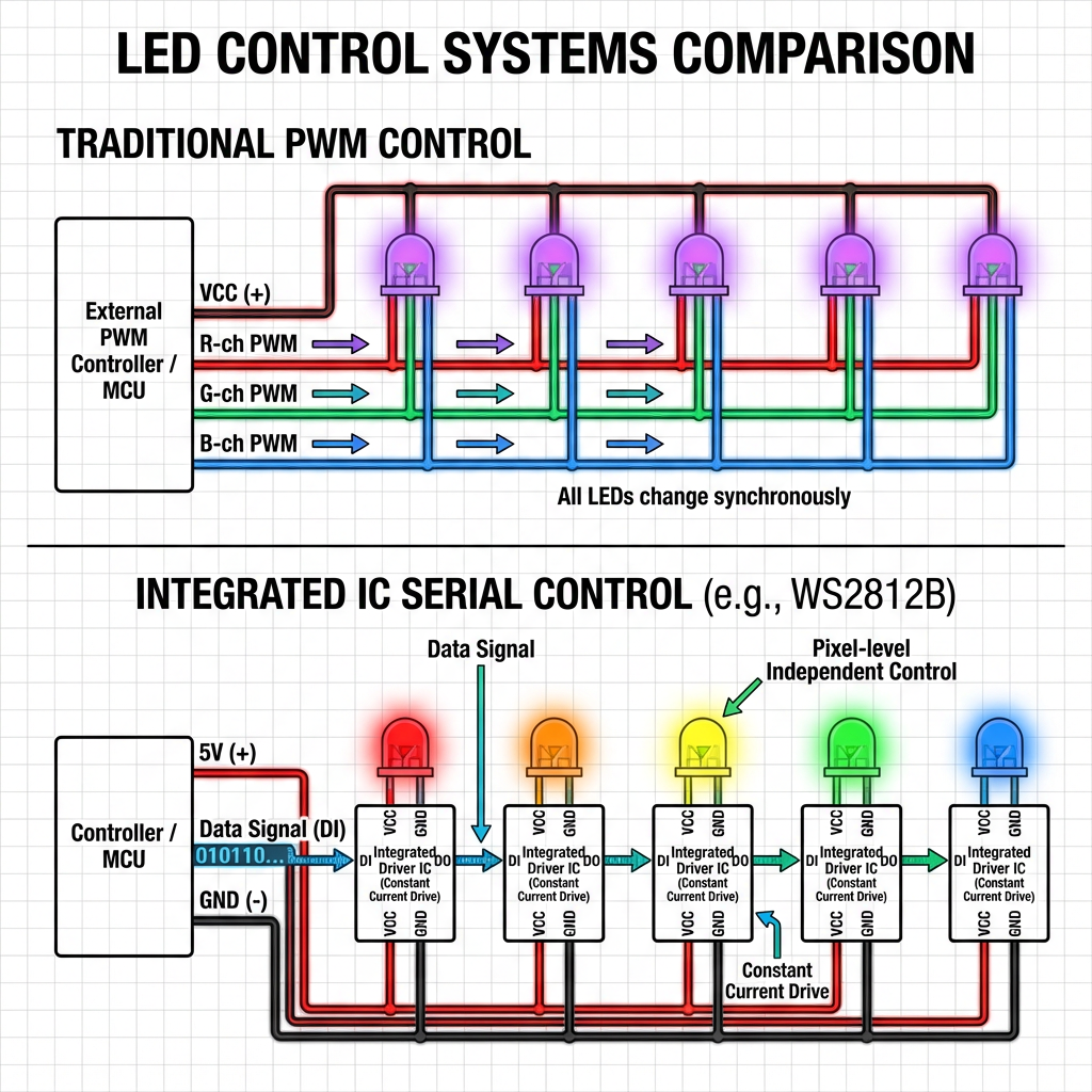 对比传统PWM控制与内置IC串行控制(如WS2812B)的逻辑流程图。展示两种控制方式的接线差异、数据流向以及像素级独立控制如何实现更复杂的动态效果。