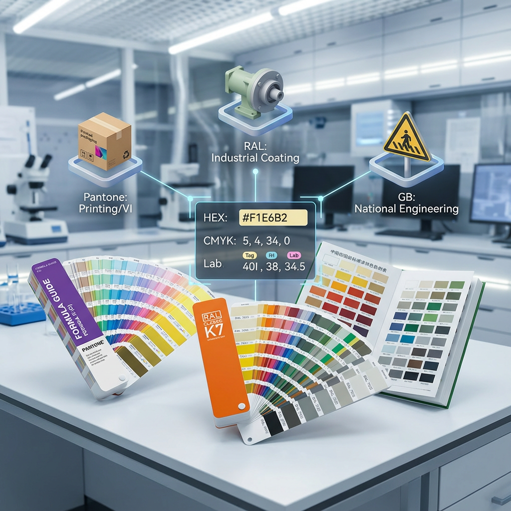Pantone、RAL和国标色卡在专业实验室工作台上展示，连接到各自的应用场景：印刷、工业涂装和工程建筑。