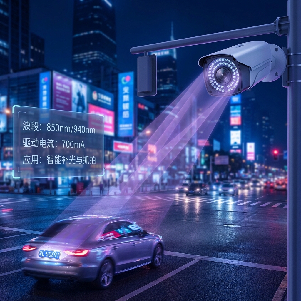 夜间城市交通路口，高清补光摄像头围绕着一圈3535陶瓷红外灯珠，通过半透明光束精准照射车辆车牌，实现智能补光抓拍功能，同时展示波段和驱动电流参数。