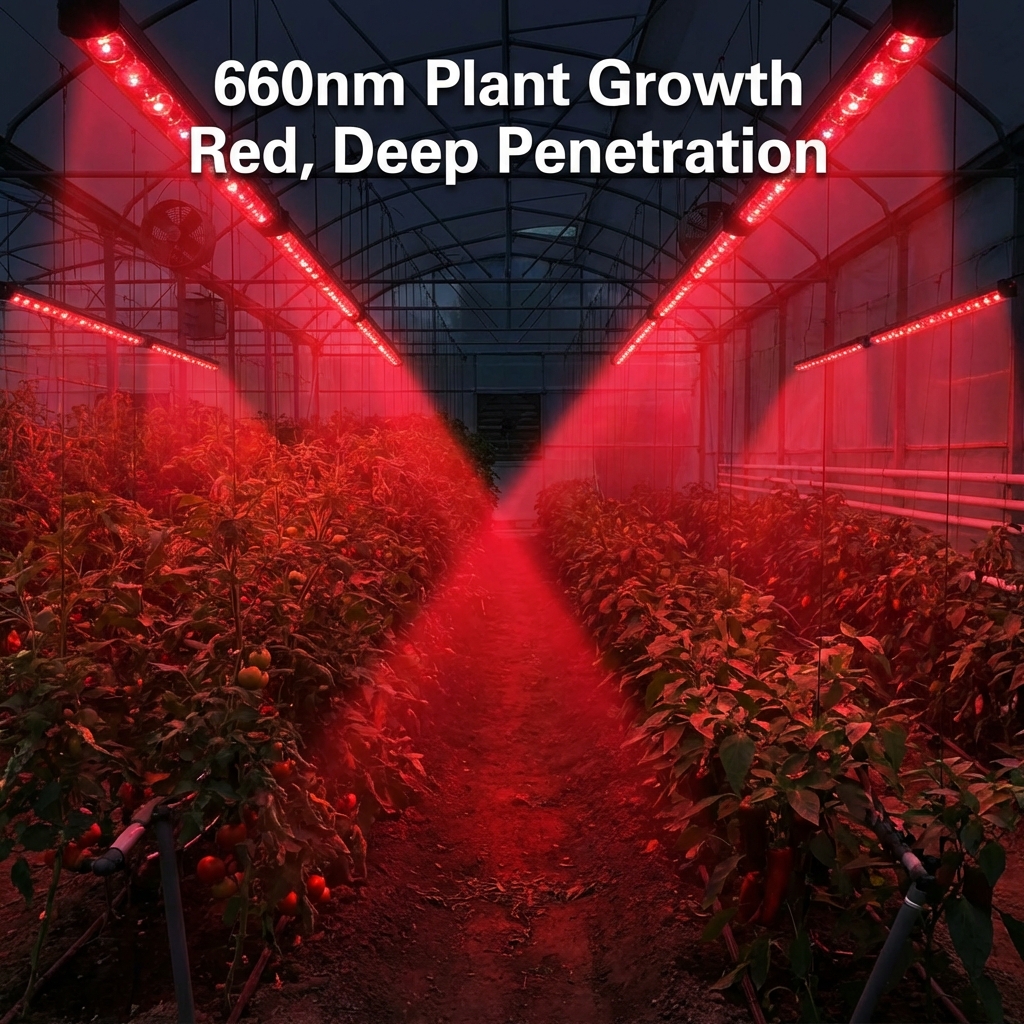 应用场景展示：660nm红光植物生长补光，在温室大棚内，3535球头红光灯珠发出深红色光芒，穿透茂密的绿色叶层直达植物基部，提高PPFD值。