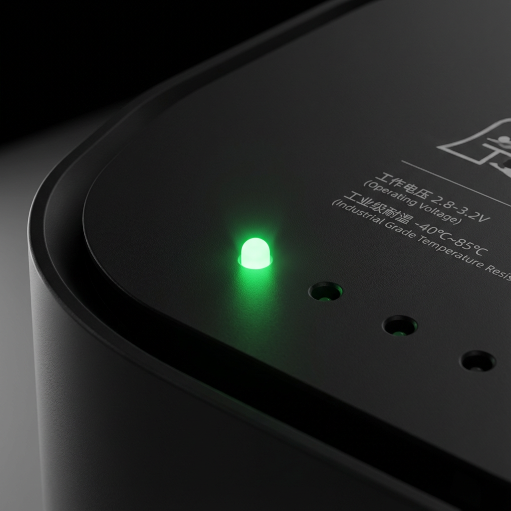 3MM白发绿直插LED在家电面板中的应用渲染图，展示其在空气净化器上清晰、高级的绿色指示效果及关键技术参数。