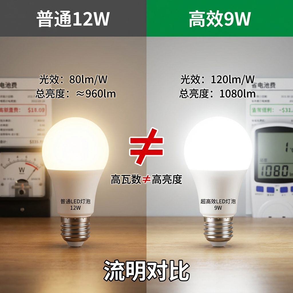 对比图：左侧为12W普通LED灯泡（960lm），右侧为9W高效LED灯泡（1080lm），强调低瓦数高亮度的省电优势，中间有不等号。