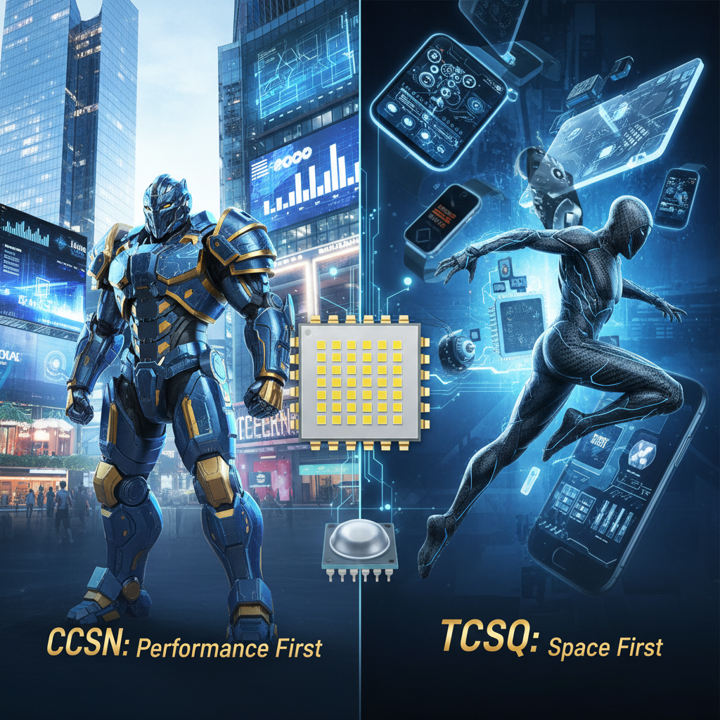 LED封装CCSN与TCSQ技术对比,左侧“重装战士”象征CCSN高性能、高散热,应用于商业照明;右侧“敏捷刺客”象征TCSQ小尺寸、高集成度,应用于消费电子。