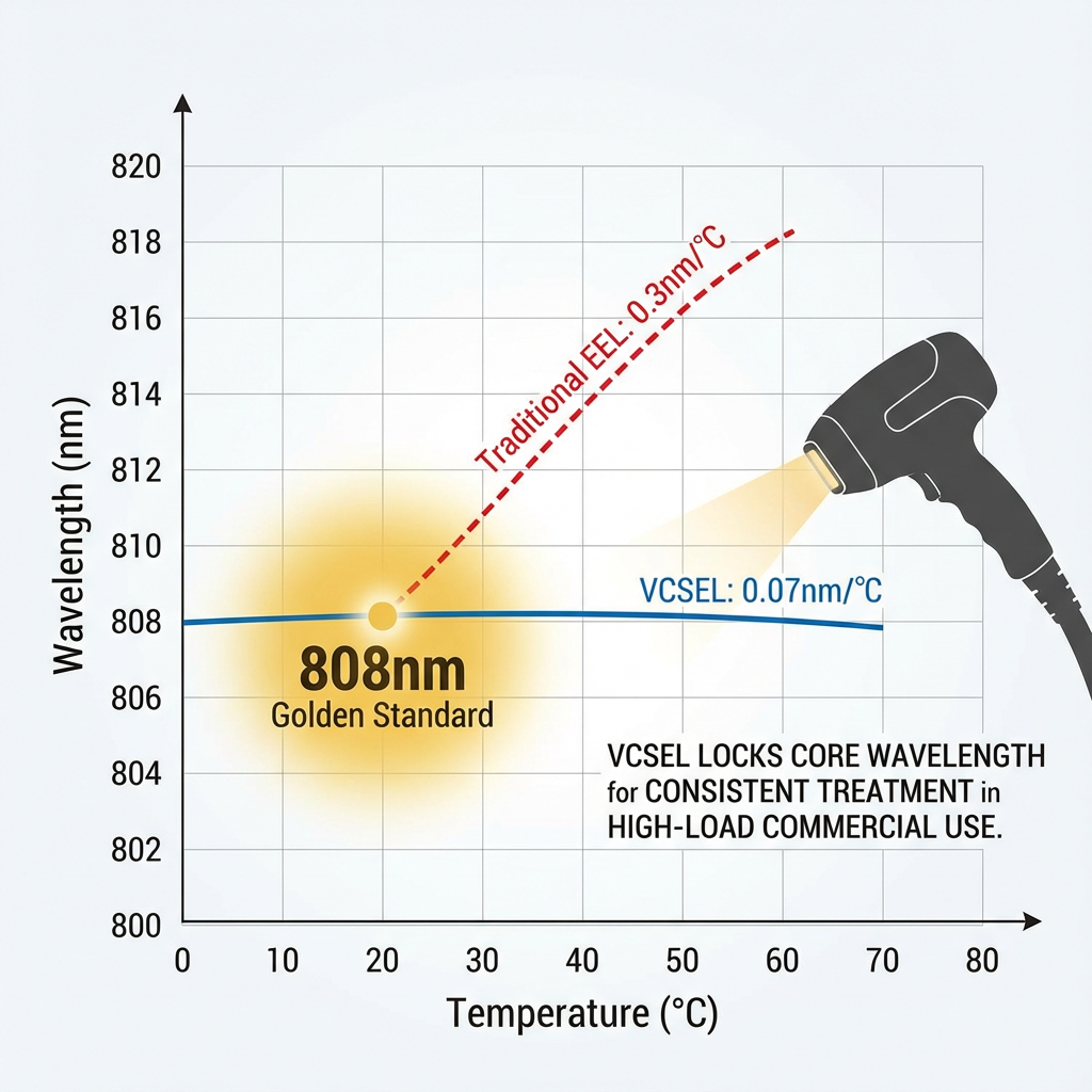 808nm波长稳定性技术图,对比传统EEL激光器和VCSEL的波长随温度漂移情况,强调VCSEL波长稳定性更优。