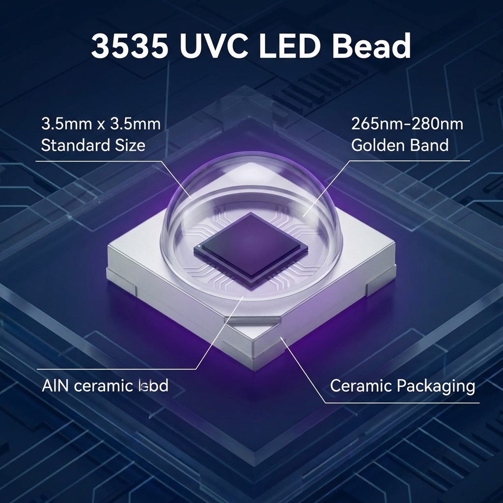 3535 UVC LED灯珠产品特写渲染图，展示3.5mm x 3.5mm标准尺寸、265nm-280nm黄金波段和陶瓷封装，具有科技感和专业感。