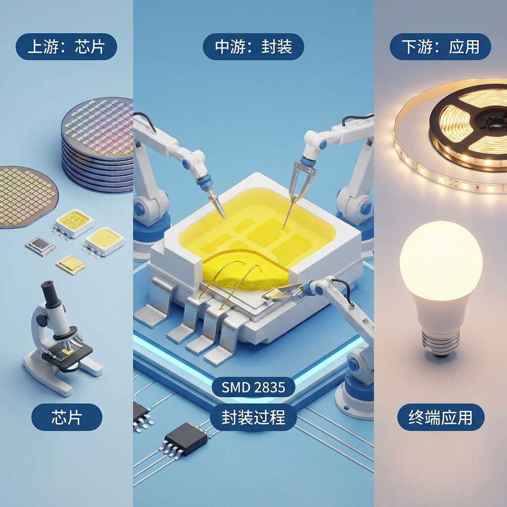 3D信息图展示LED产业链:上游芯片、中游封装(以精密机械臂操作SMD2835剖面为例)、下游应用(灯带和球泡灯)
