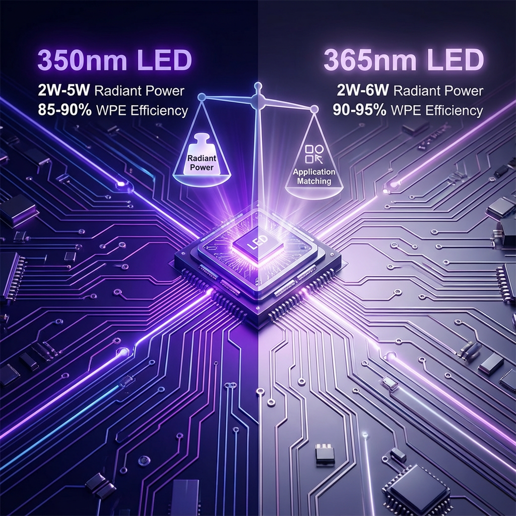 一张对比350nm与365nm LED核心参数的创意横幅图，左侧代表350nm LED，呈现深紫色光晕，标注“350nm：2W-5W功率，85-90%效率”；右侧代表365nm LED，呈现淡紫色光晕，标注“365nm：2W-6W功率，90-95%效率”。中心有一个天平，一端是“辐射功率”，另一端是“应用匹配”，强调选择波长需综合考虑。