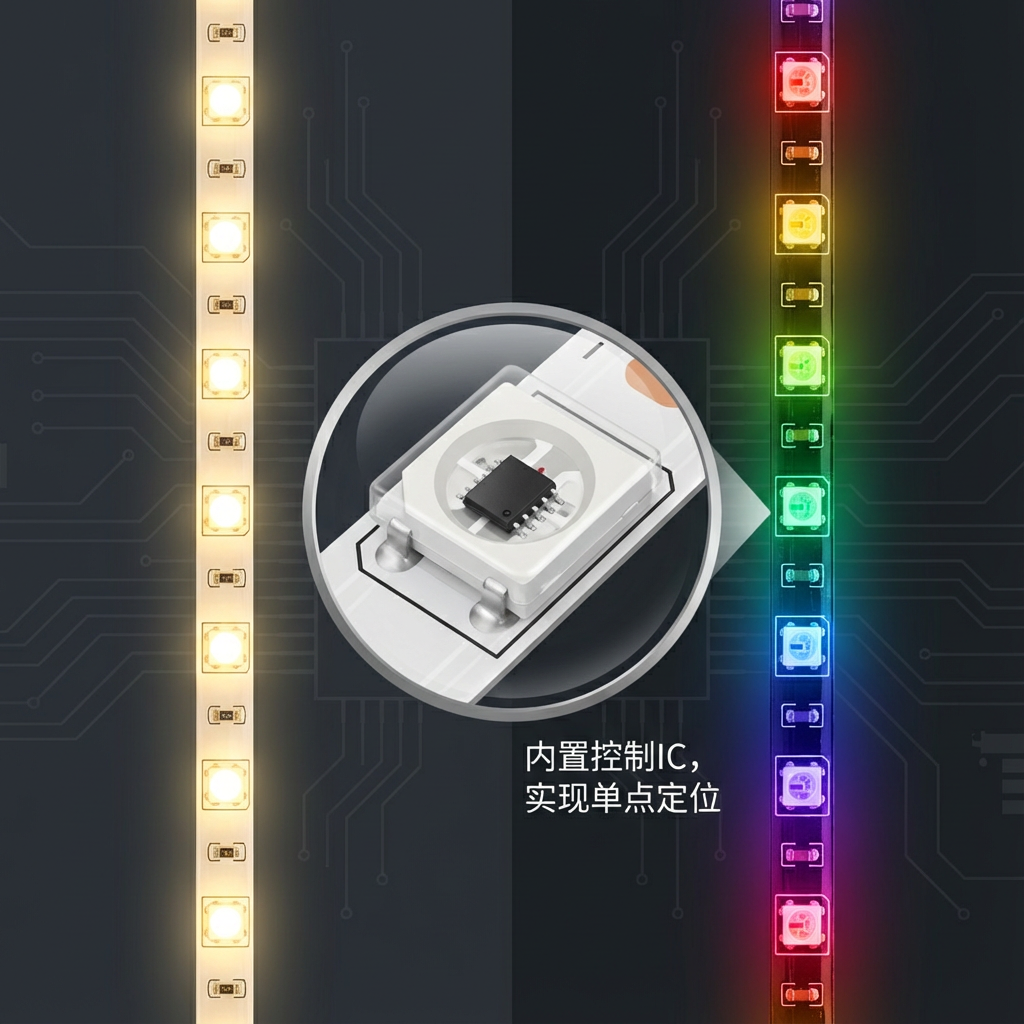 普通LED灯带与可编程地址型LED灯带的对比图，突出可编程灯带内置控制IC实现单点控制的特性。