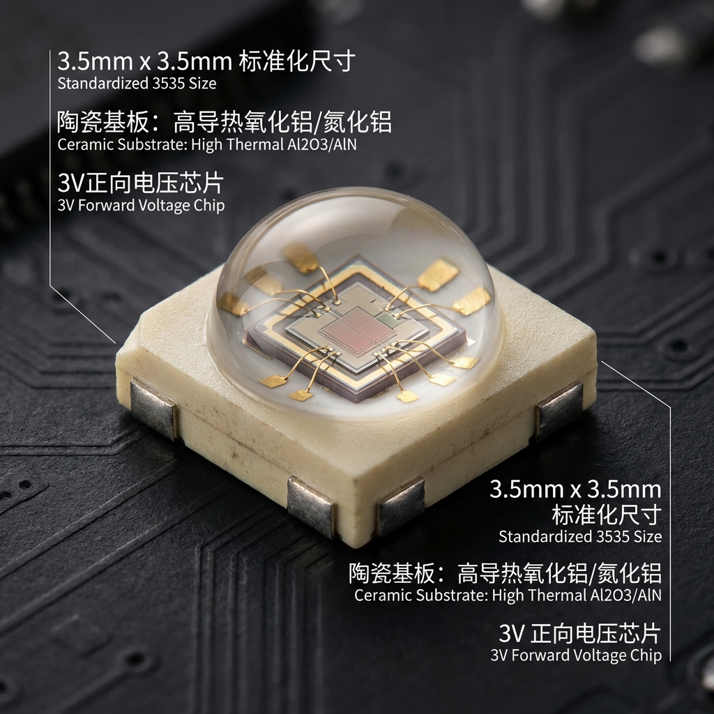 单颗3535陶瓷3V红外灯珠的宏观特写，显示其3.5mm标准化尺寸、陶瓷基板以及内部高功率红外芯片和金线键合结构，背景为工业科技感风格，并有标注文字解释其尺寸、陶瓷基板材料和3V正向电压芯片。